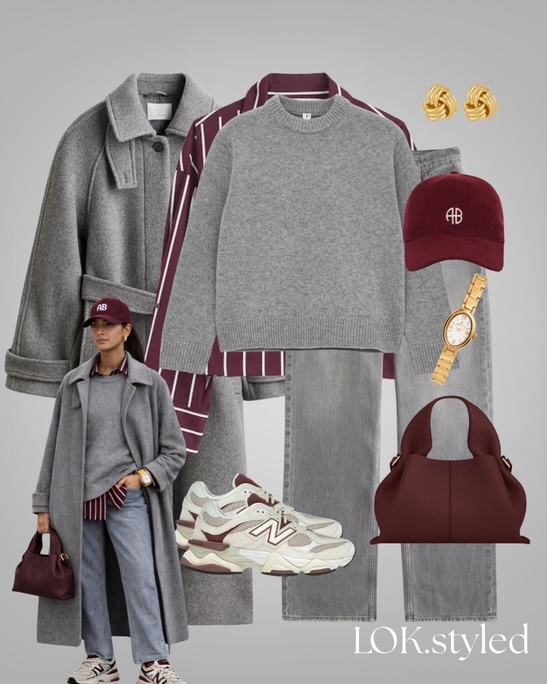 Grey and burgundy, new balance, Annie bing, polene, grey jumper, stripe shirt, grey jeans

#LTKFashionMonth #LTKstyletip #LTKuk