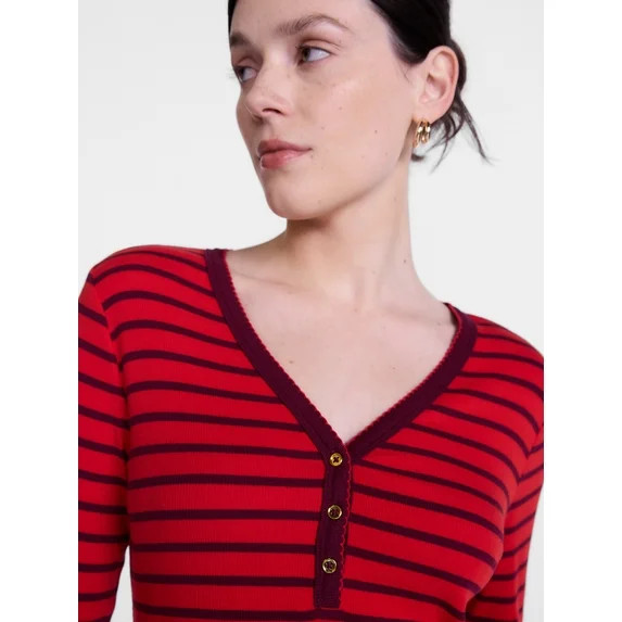 Scenario Women's and Women's Plus Striped Henley Shirt with Long Sleeves, Sizes XS-4X | Walmart (US)