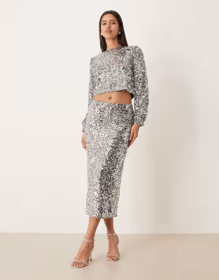 Vila sequin midi skirt co-ord in silver | ASOS (Global)