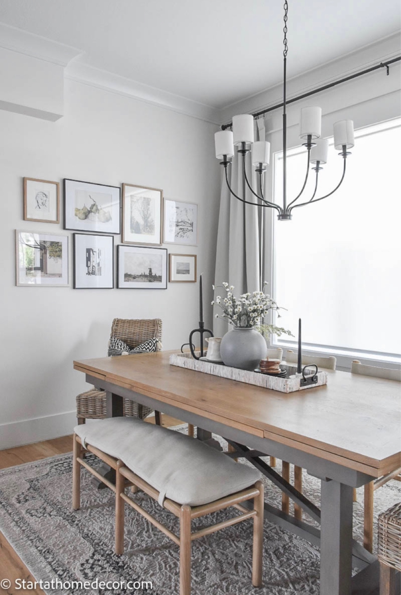 Dining room chairs. Dining room bench. Gallery wall. Target chairs. Grey curtains. Table decor  

#LTKhome #LTKunder100