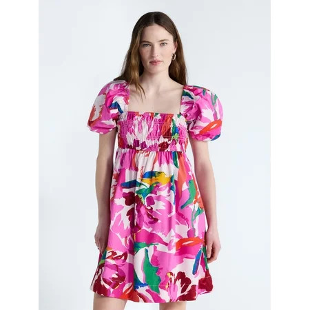 Free Assembly Women's and Women's Plus Smocked Cotton Peasant Mini Dress with Puff Sleeves, Sizes XS-4X | Walmart (US)