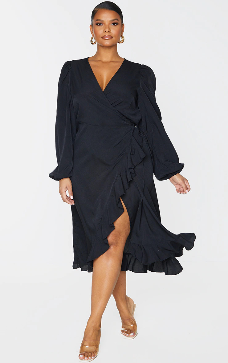 Plus Black Ruffle Wrap Front Midi Dress | PrettyLittleThing UK