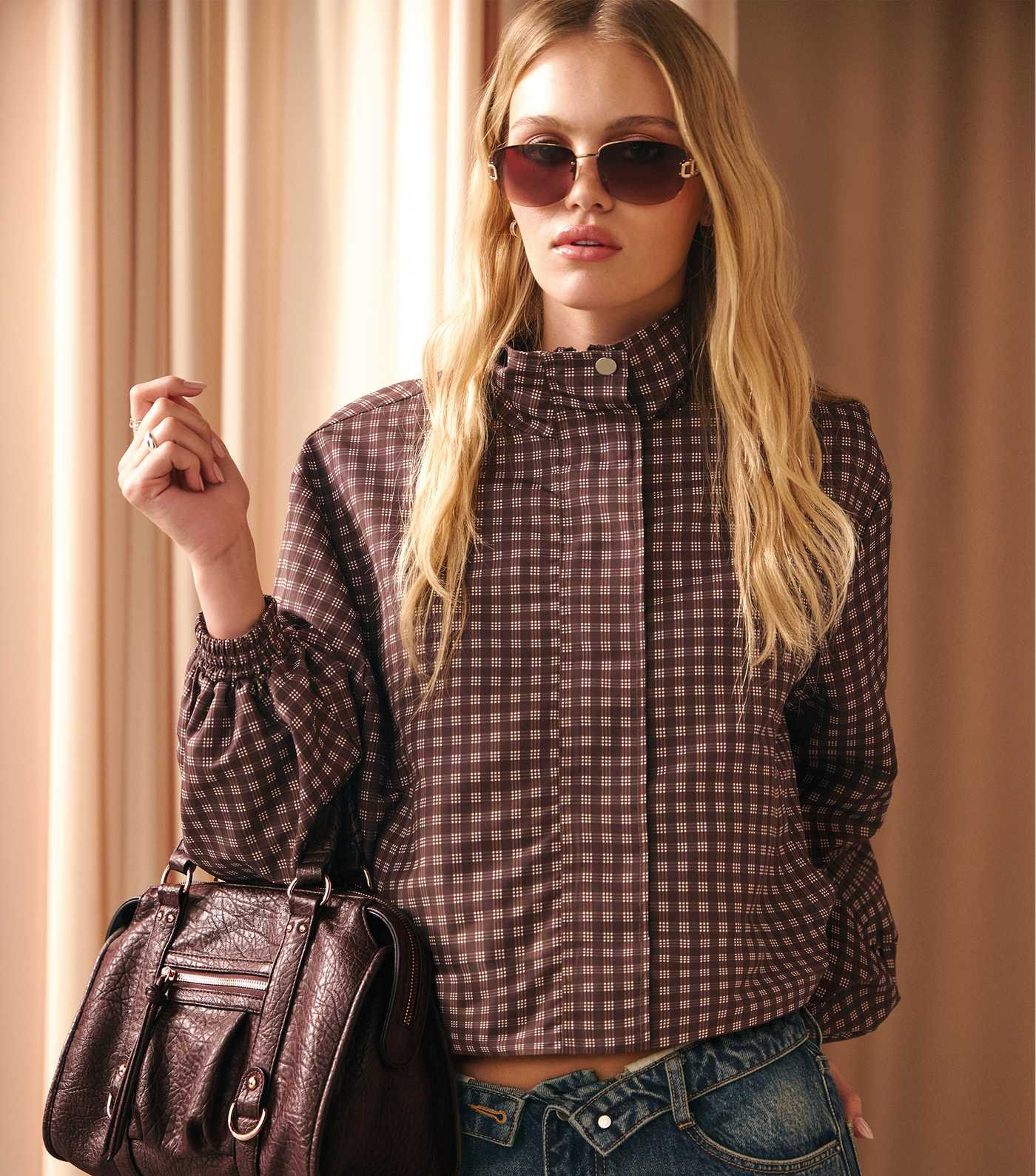 Brown Check Funnel Neck Windbreaker Jacket | New Look | New Look (UK)