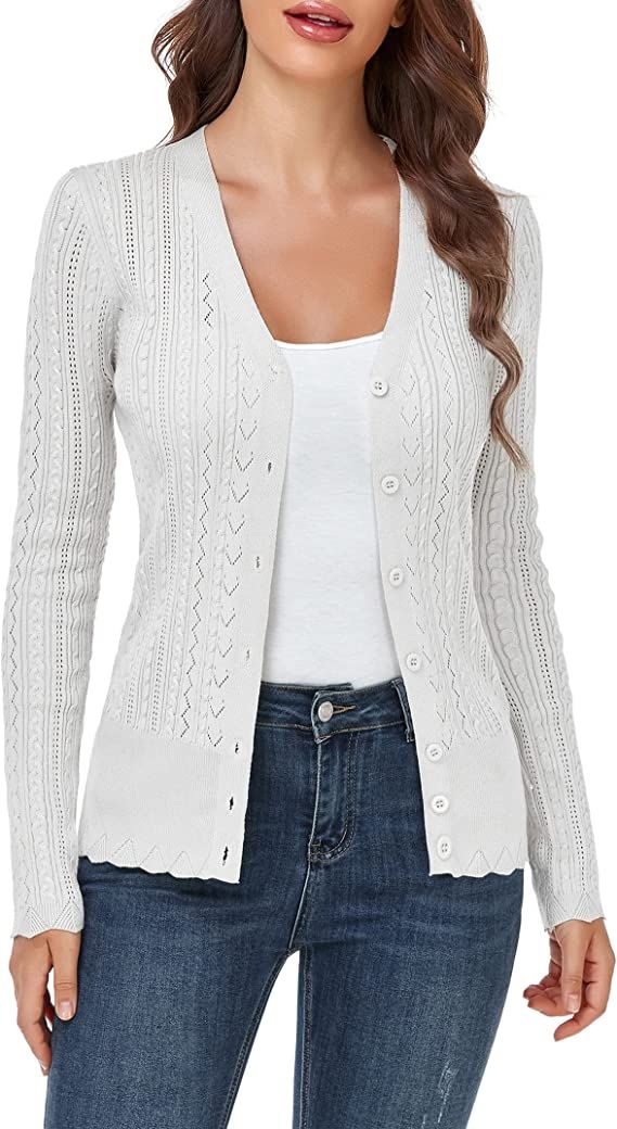 MISSKY Women’s Long Sleeve Button Down Sweater V Neck Hollow Out Knit Cardigans | Amazon (US)