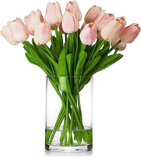 ENOVA HOME 20 Pieces Artificial Real Touch Tulips Flower Arrangement in Glass Vase with Faux Wate... | Amazon (US)