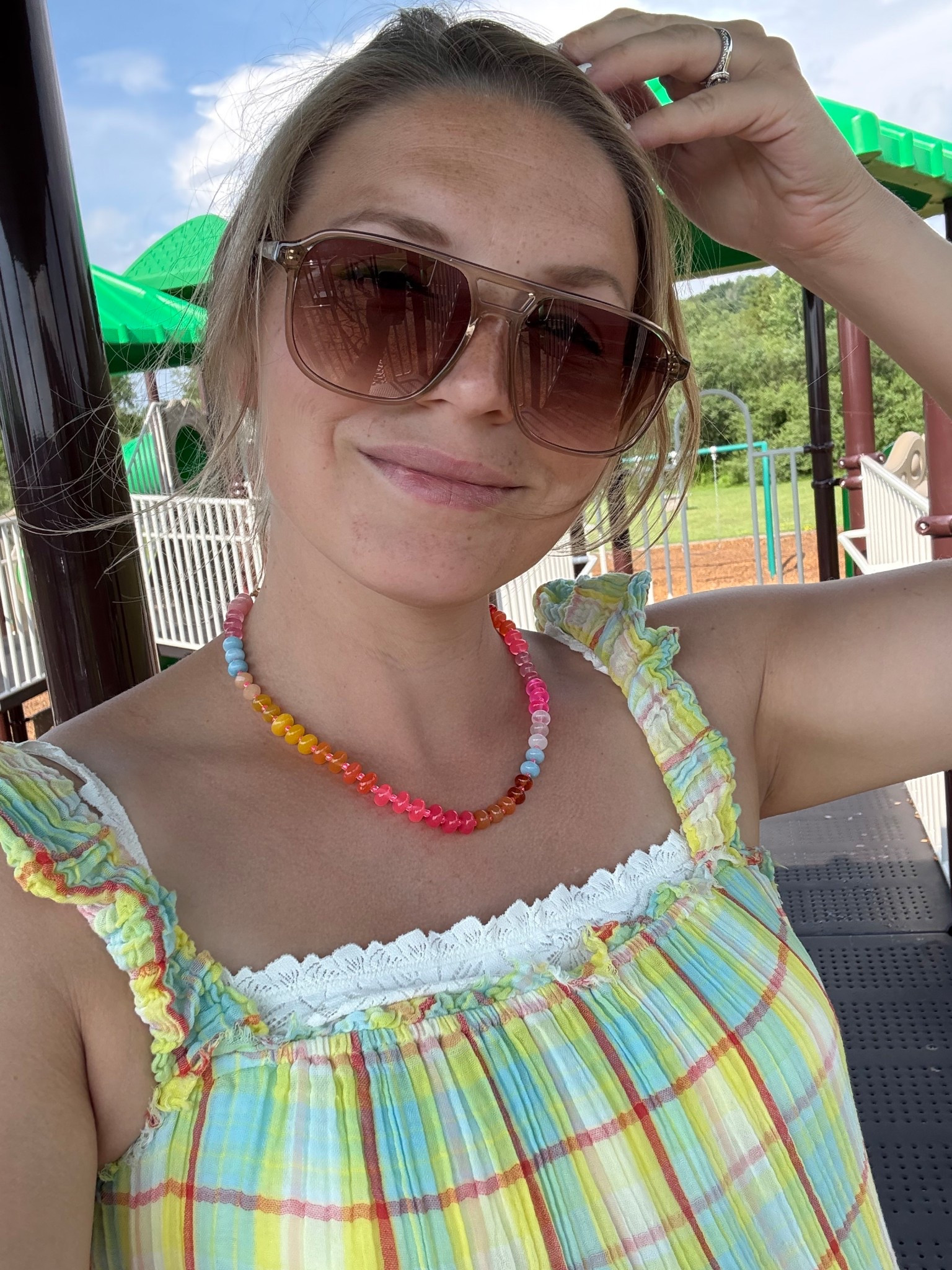 Dress is thrifted Anthro — linking my necklace and sunglasses! Both have become summer staples 🕶️

#LTKFindsUnder50 #LTKSeasonal