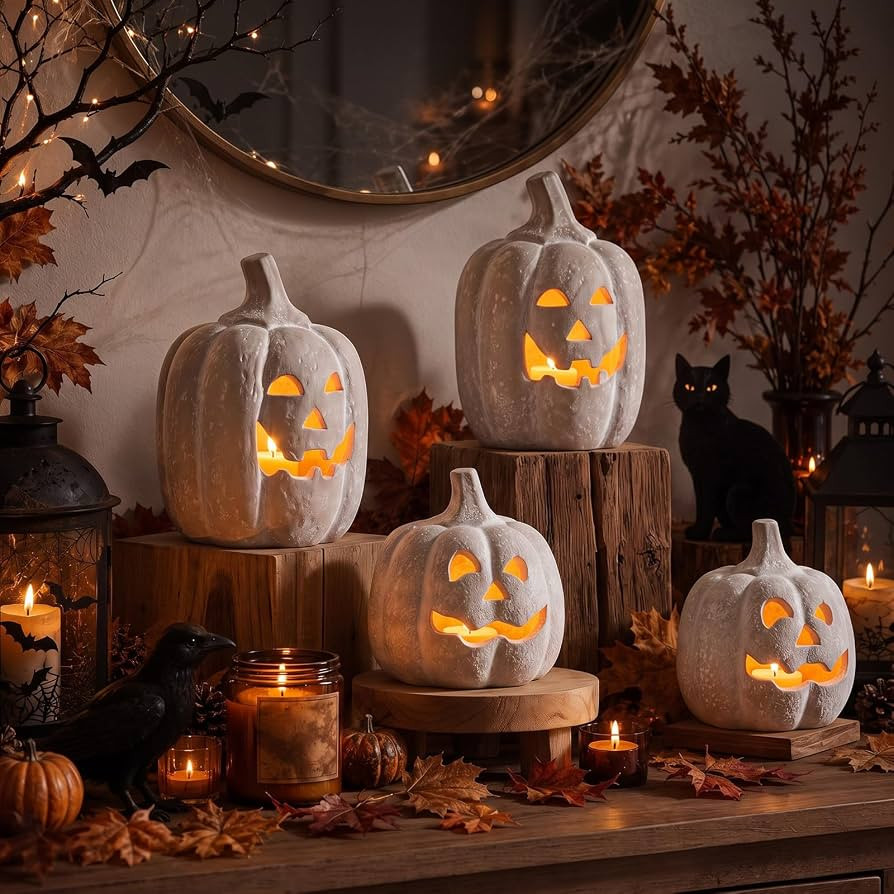 Chunful 4 Pcs Halloween Terracotta Pumpkin White Fall Decor, 3.7 & 6.3 Inch | Amazon (US)