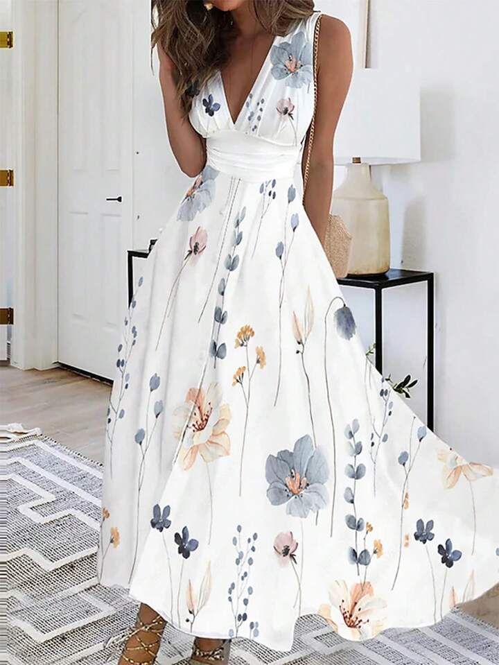 SHEIN LUNE Women's Floral Print V-Neck Sleeveless Summer Dress | SHEIN