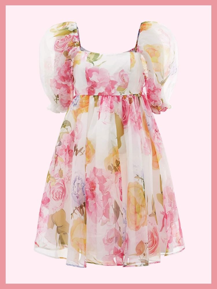 SHEIN Floral Print Square Neck Puff Sleeve Organza Dress | SHEIN