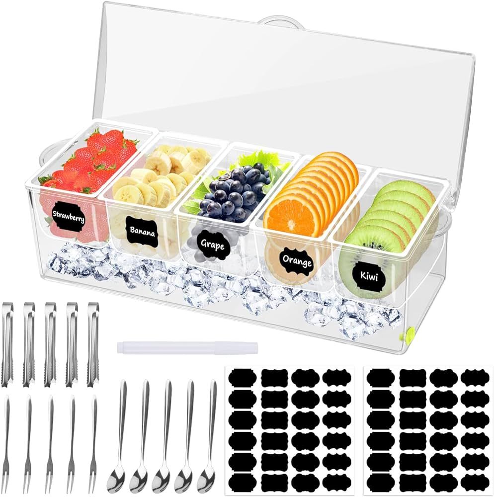 DARCKLE 5 Compartment Condiment Server, Ice Chilled Condiment Containers with Hinged Lid Chilled ... | Amazon (US)