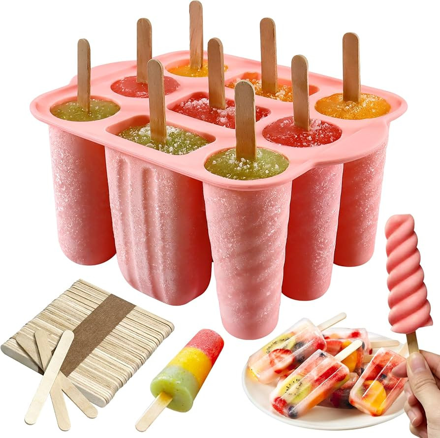 Ice Lolly Moulds, 9 Cavity Silicone Ice Lolly Tray & Ice Cream Moulds with 50 Wooden Stick, BPA F... | Amazon (UK)