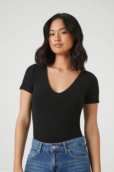Cotton-Blend V-Neck Bodysuit | Forever 21