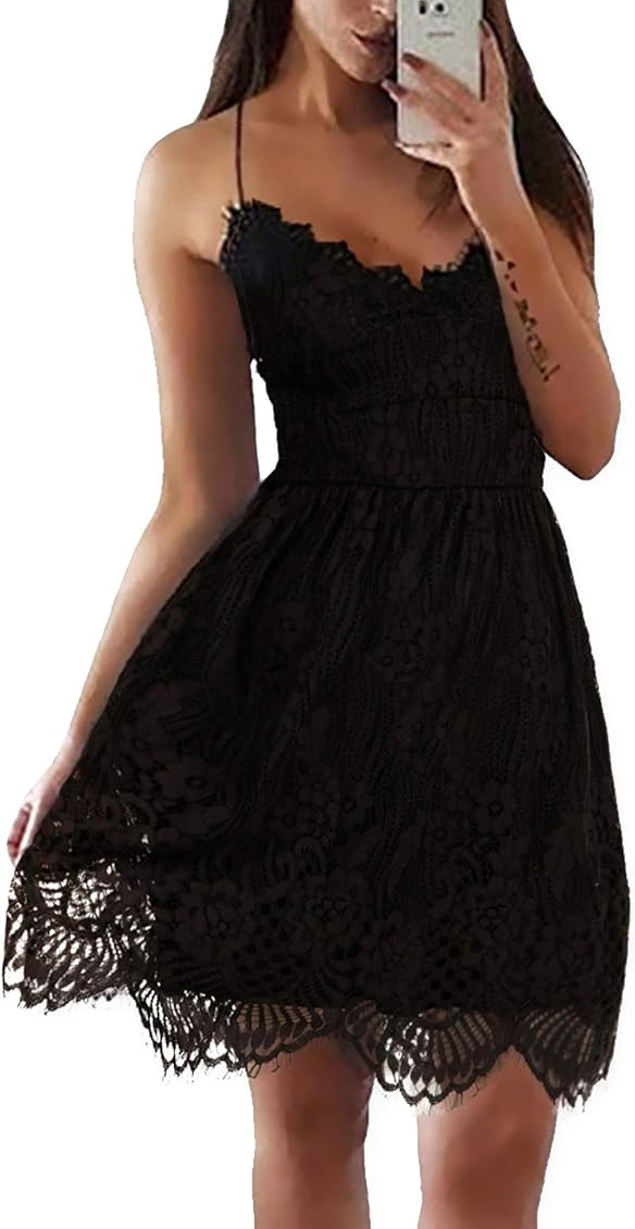 AOOKSMERY Women Summer V-Neck Spaghetti Straps Lace Backless Party Club Beach Mini Midi Dresses | Amazon (US)