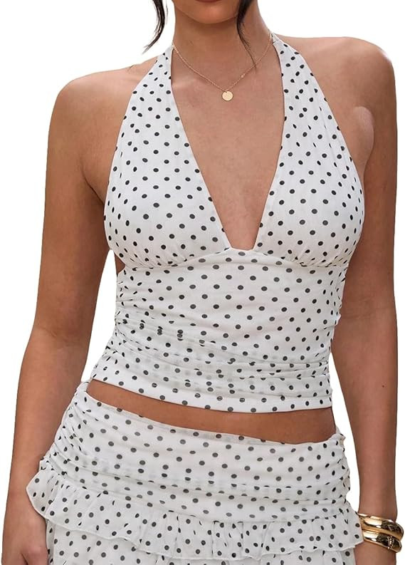 Women Y2k Sexy Polka Dot V Neck Mesh Halter Crop Tops Cute Off Shoulder Sleeveless Tie Up Ruched ... | Amazon (US)