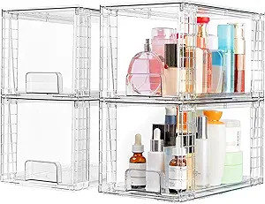 Vtopmart 4 Pack Large Stackable Storage Drawers,Easily Assemble Acrylic Bathroom Closet Undersink... | Amazon (US)