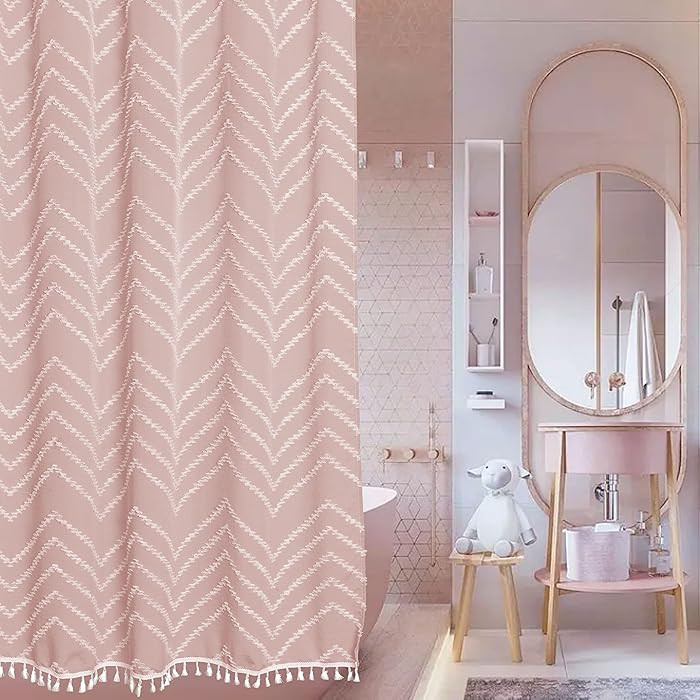 Pink Boho Shower Curtain White Tassel Woven Fabric Cute Shower Curtain Modern Farmhouse Textured ... | Amazon (US)