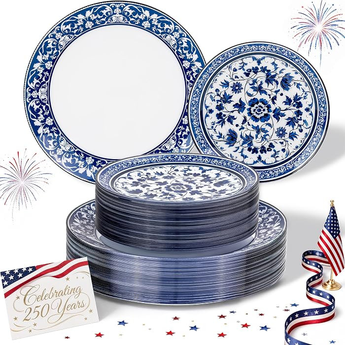 60pcs Blue Plastic Plates Set - Floral Blue & White Porcelain Design, 10.25" Dinner & 7.5" Desser... | Amazon (US)