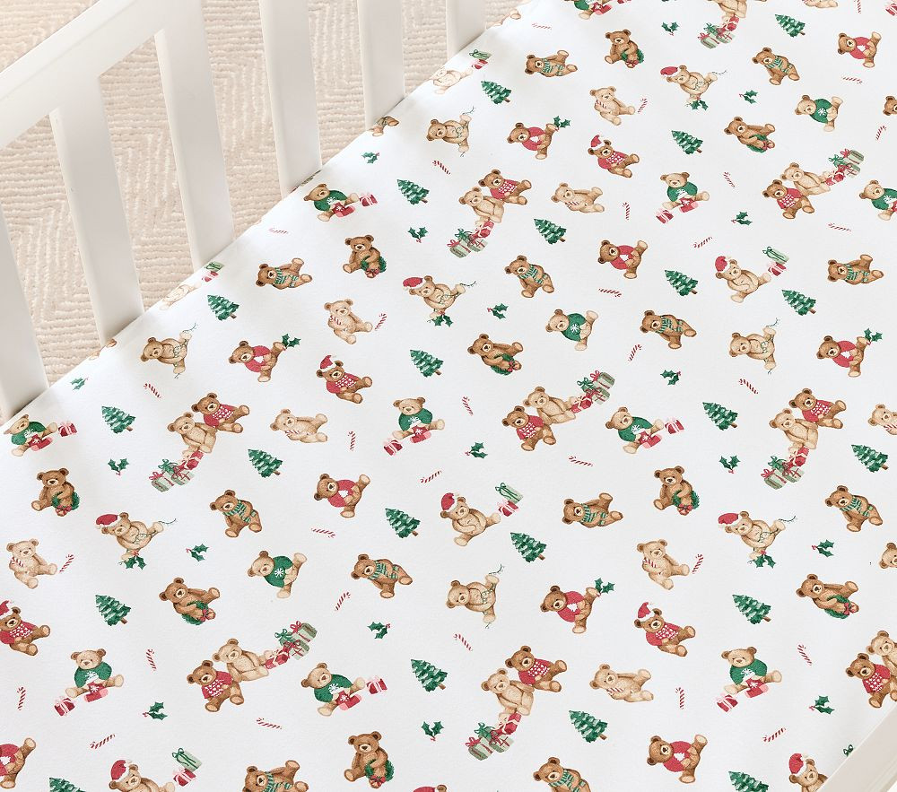 Holiday Teddy Bears Organic Crib Fitted Sheet | Pottery Barn Kids