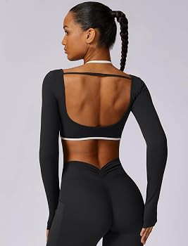ABOCIW Long Sleeve Workout Tops for Women with Built in Bra Halter Open Back Croped Gym Top Yoga ... | Amazon (US)