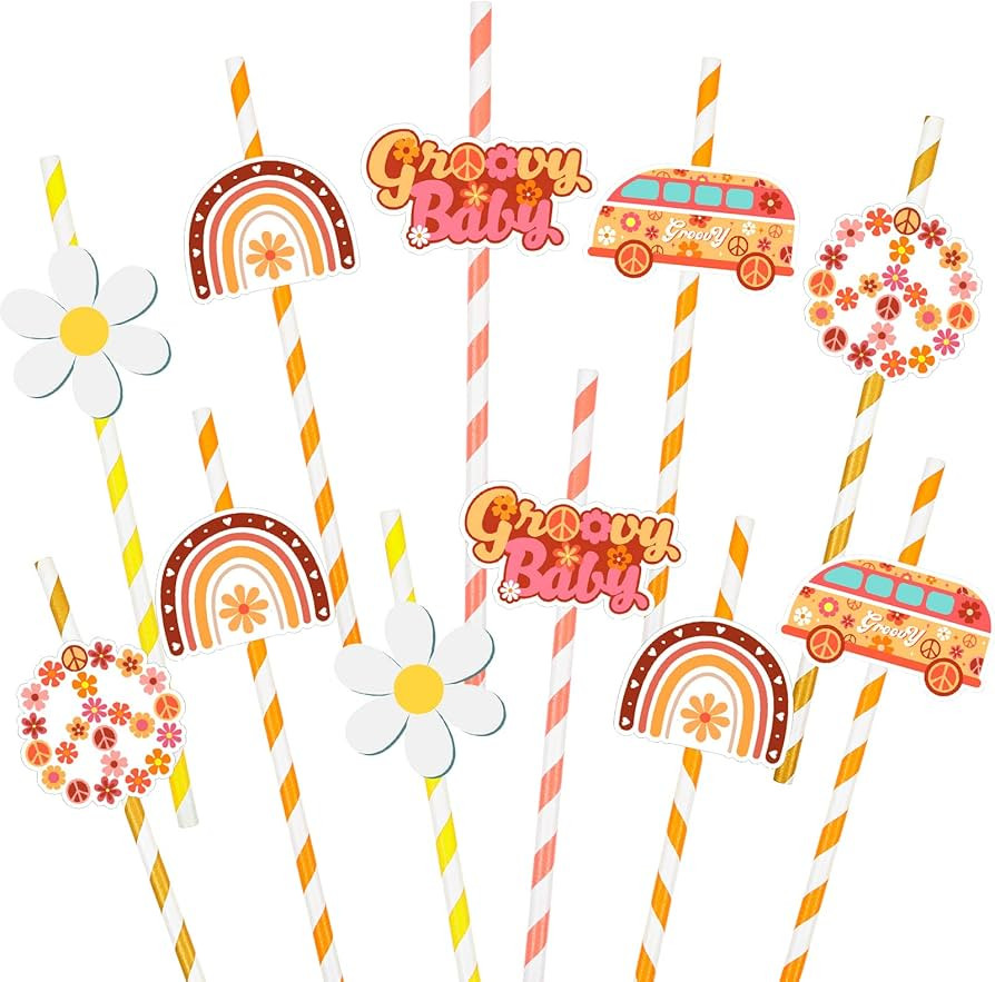 60 Pcs Groovy Straws Boho Paper Straw Decor Groovy Hippie Boho Daisy Flower Paper Straws for Groo... | Amazon (US)