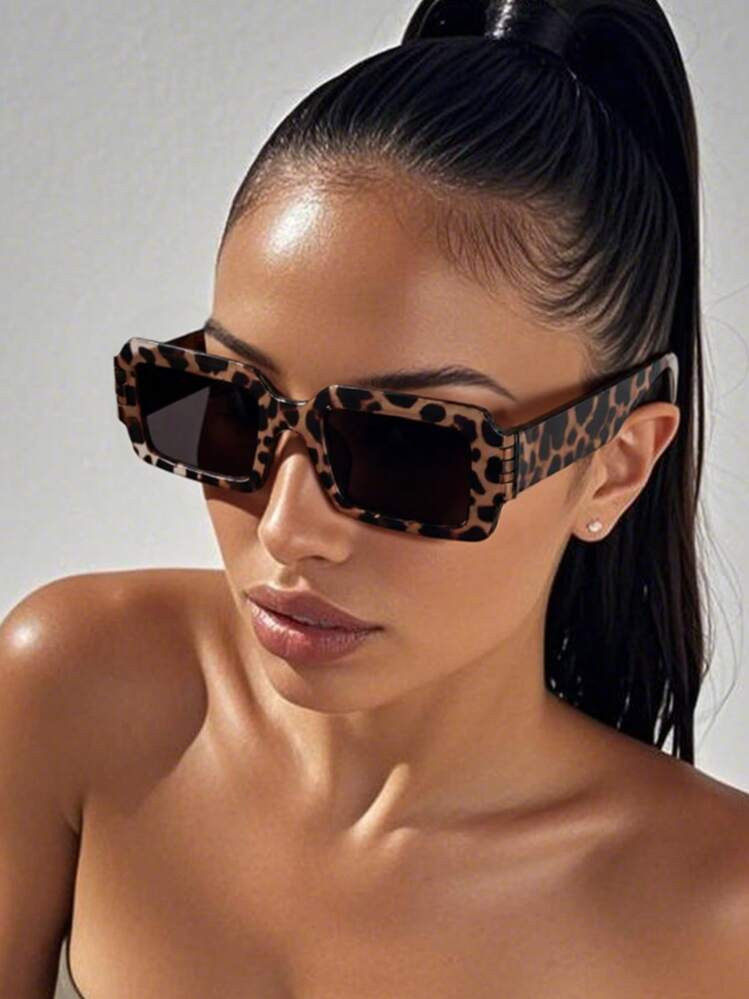 1 Pair Leopard Print Rectangular Bohemian Style Fashion Glasses, Suitable For Street, Travel, Fishing, Sports Style, Holiday Outfit, Beach, Driving, Vacation, Outdoor Activity, Party For Summer Beach Vacation,Outdoor,Travel Preppy Style For Back To School | SHEIN