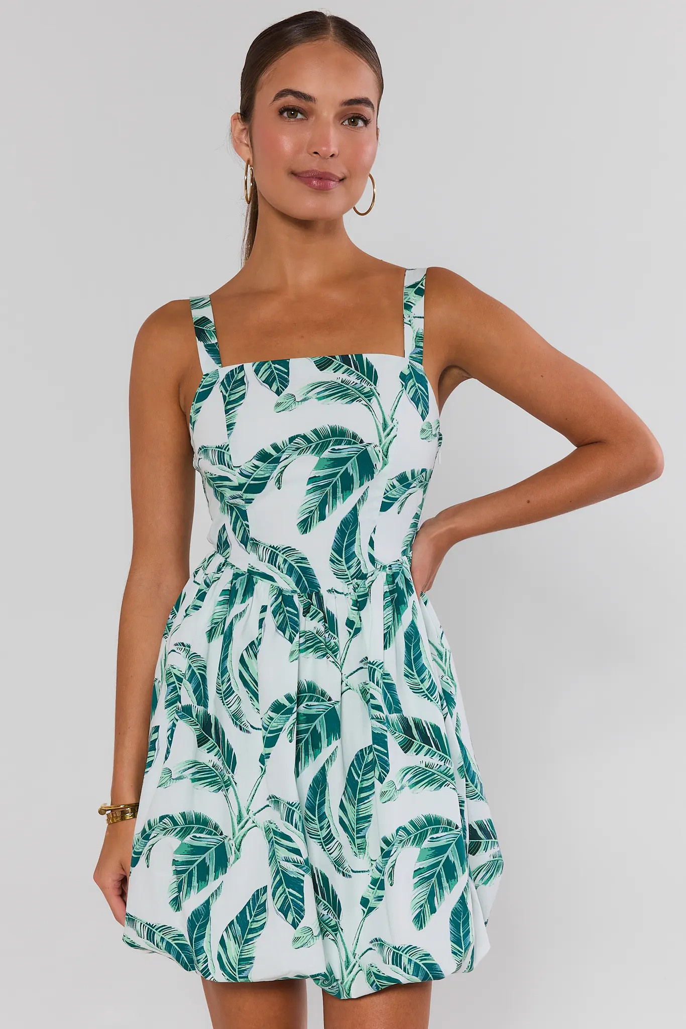 White Palm Print Bubble Short Dress | Avara