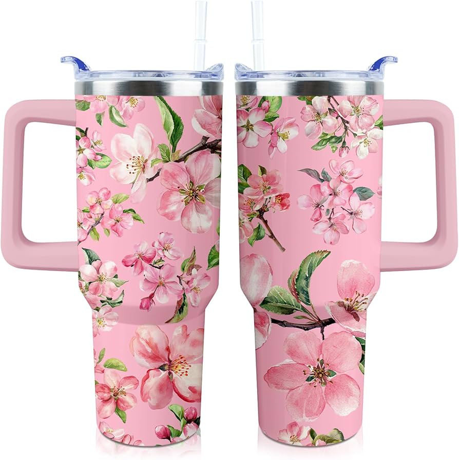 Pink Flowers Tumbler 40 oz Tumbler with Handle and Straw Lid Leak Proof - Pink Floral Coffee Trav... | Amazon (US)