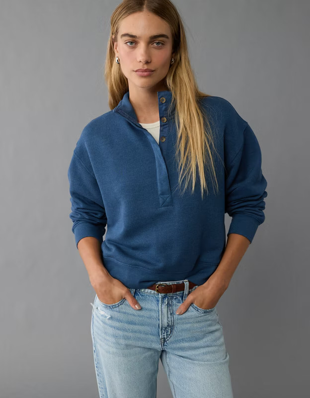 AE Cropped Henley Fleece Sweatshirt | American Eagle Outfitters (US & CA)