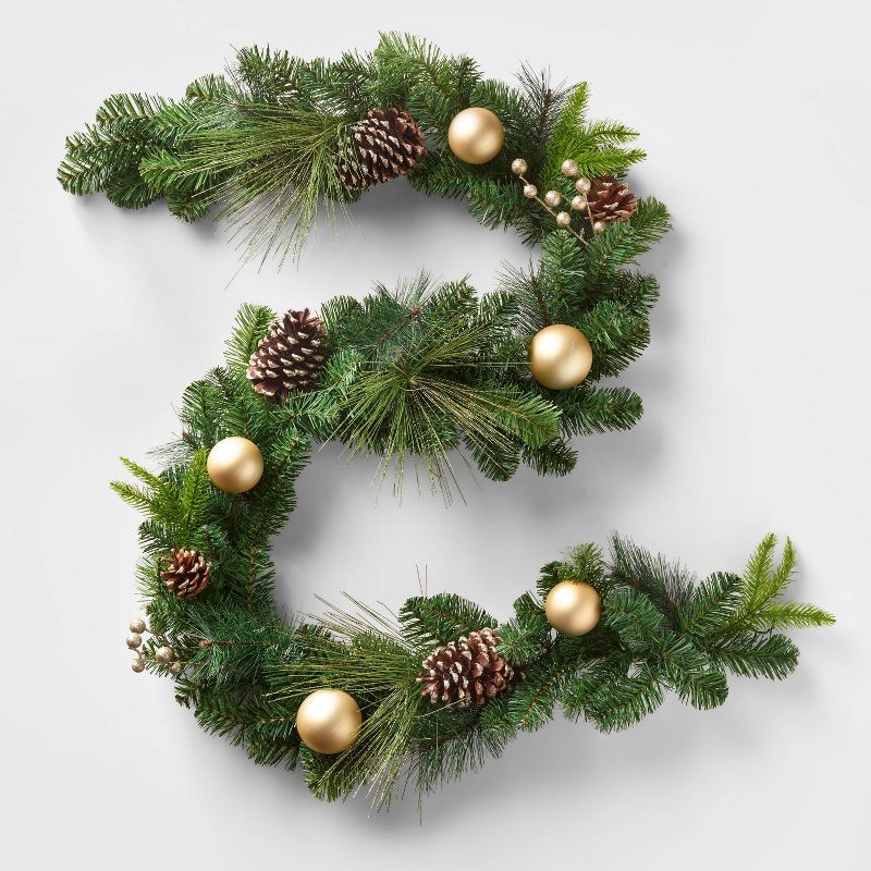 6' Unlit Mixed Pine Artificial Christmas Garland with Shatter-Resistant Gold Ornaments, Gold ... | Target