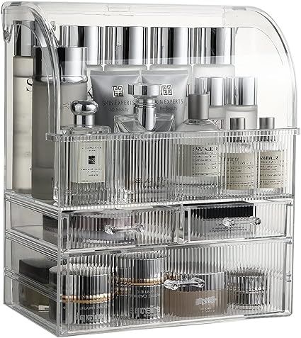 MOOCHI Clear Stripes Pattern Professional Large Cosmetic Makeup Organizer Dust Water Proof Cosmet... | Amazon (US)