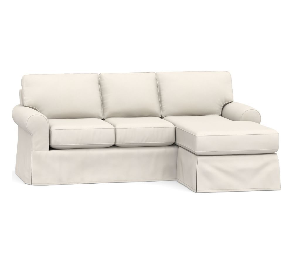 Buchanan Roll Arm Slipcovered Sofa with Reversible Chaise Sectional, Polyester Wrapped Cushions, Den | Pottery Barn (US)