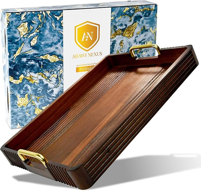 Acacia Wood Serving Tray with Metal Handles, 17x13in, Decorative Coffee Table Tray & Ottoman Tray... | Amazon (US)