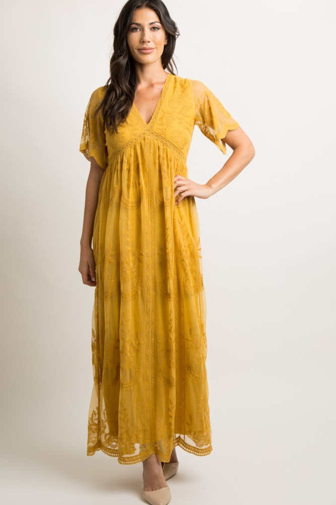 Mustard Lace Mesh Overlay Maternity Maxi Dress | PinkBlush Maternity