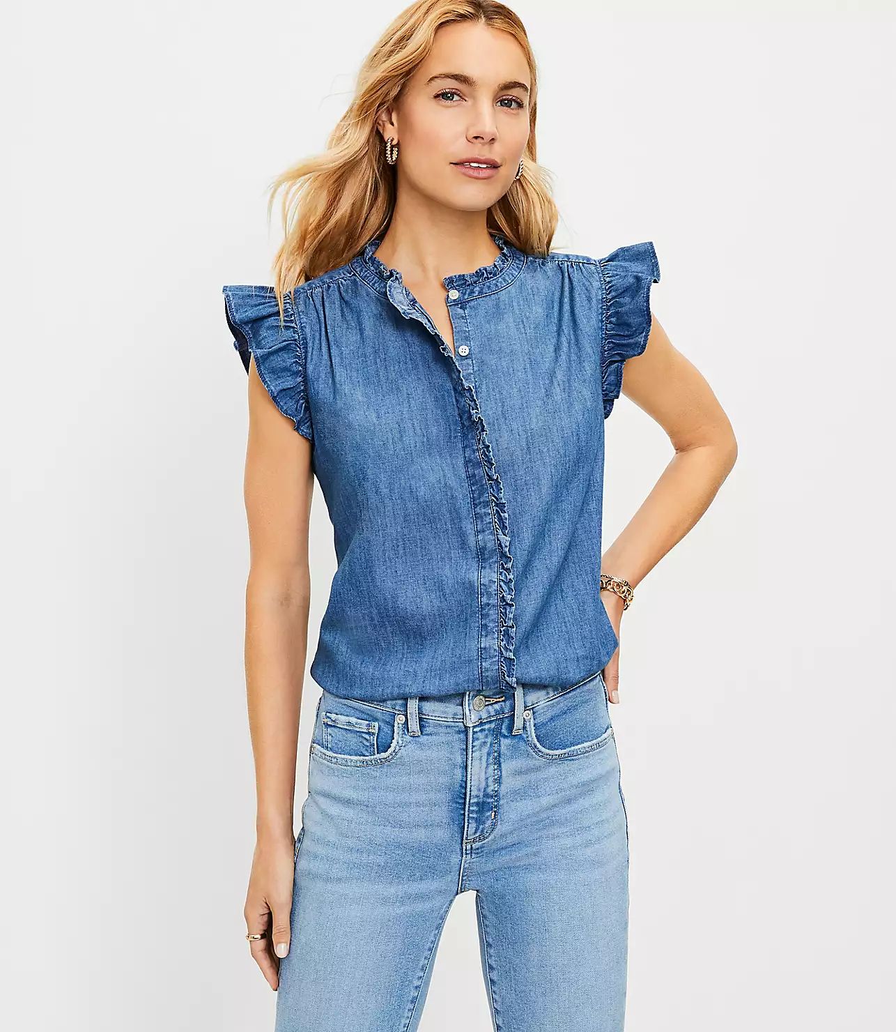 Chambray Ruffle Top | LOFT