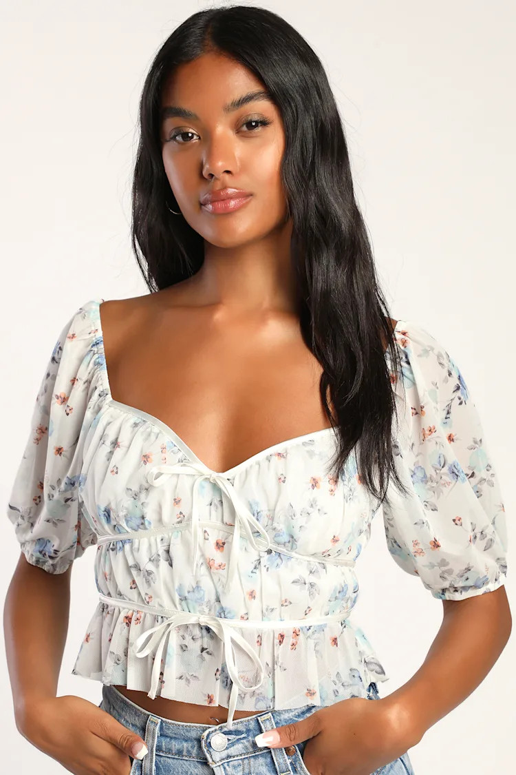 Hours with You Ivory Floral Print Puff Sleeve Crop Top | Lulus (US)