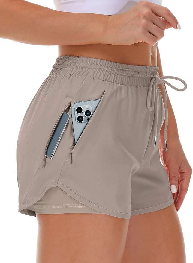 Mancreda Women's Running Shorts with Liner 3 Zipper Pockets Elastic Workout Athletic Gym Yoga Sho... | Amazon (US)