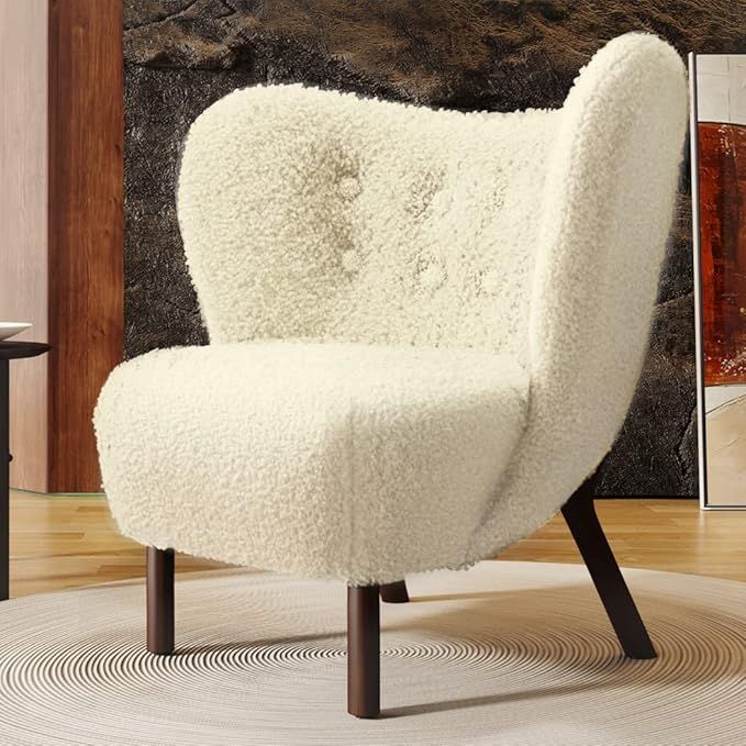 Accent Chair, Modern Tufted Lambskin Sherpa Wingback Side Chair with Solid Wood Legs and Curved B... | Amazon (US)