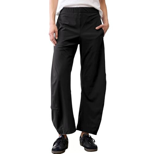 SeeLuNa Women Barrel Travel Pants Elastic Waistband Tapered Leg Baggy Mid Rise Work Trousers Lounge Pant with Pockets(Black,S) | Amazon (US)
