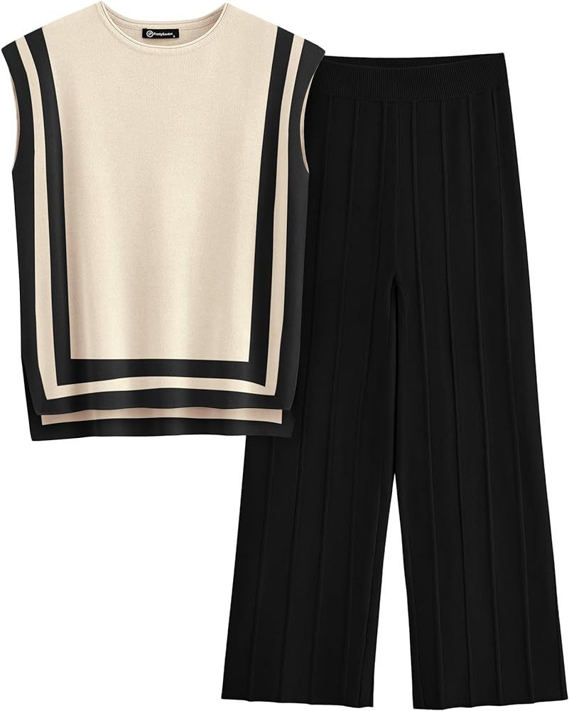 PRETTYGARDEN Women's 2 Piece Outfits Knit Loungewear High Low Pullover Tops and Wide Leg Pants Ca... | Amazon (US)