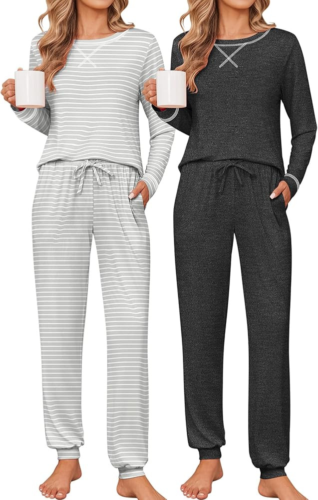 Ekouaer 2 Pack Pajama Sets for Women Long Sleeves Lounge Set Jogger Pants | Amazon (US)