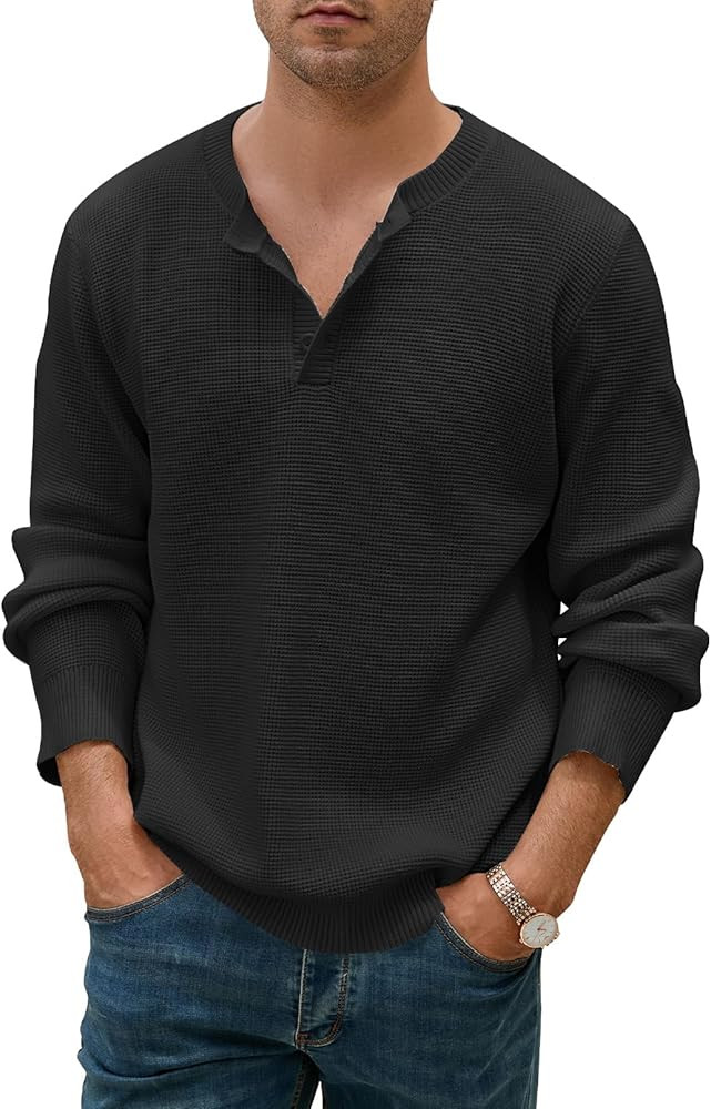 MEROKEETY Men's Long Sleeve Pullover Sweater Crew Neck Button Casual Waffle Knit Henley Sweaters ... | Amazon (US)