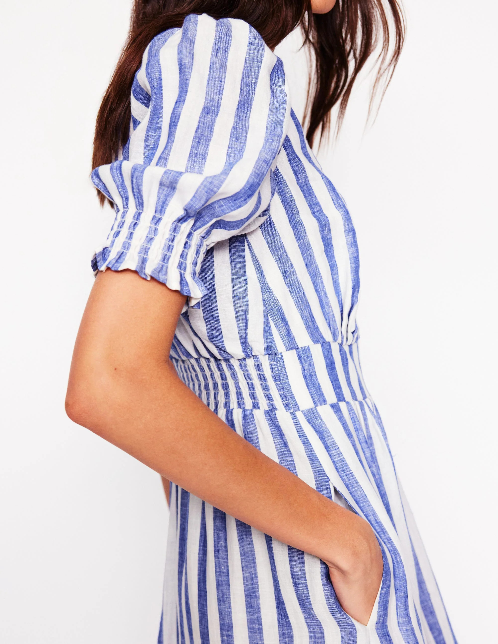 Anna Linen Tiered Midi Dress-Bright Blue Stripe | Boden (US)