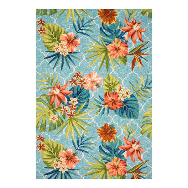 (E227) Santa Monica Trellis Aqua Floral Indoor & Outdoor Area Rug, 7x10 | At Home