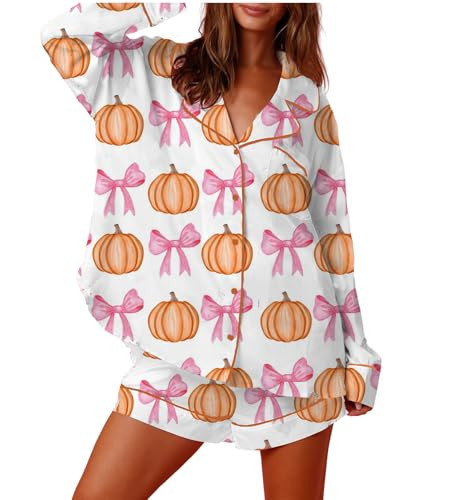 Womens Halloween Pajamas Sets 2 Piece Pumpkin Pjs Lounge Set Short Sleeve Button Down Top and Shorts Soft Sleepwear Outfits (Pink, S) | Amazon (US)