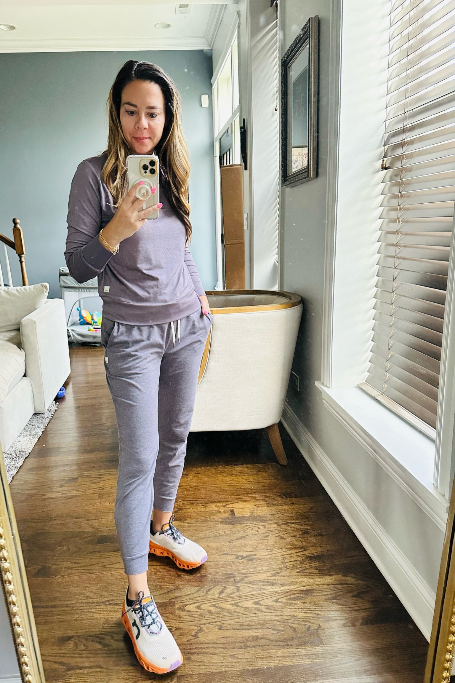 Vuori joggers and long sleeve crew neck shirt in heather purple, on cloud monster sneakers, runs small 1/2 size up in gym shoes, wearing small in both long sleeve and joggers, most comfortable on the go outfit, travel outfit, performance jogger and daydream crew, Jaclin Natale 

#LTKshoecrush #LTKtravel #LTKFind