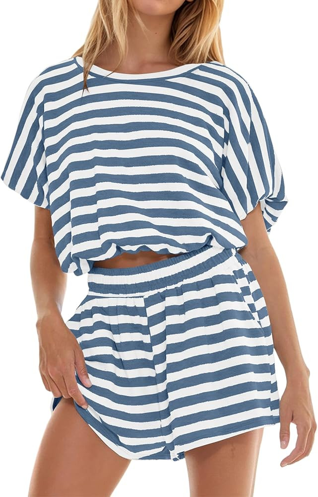 2 Piece Sets Women Striped Tee Shirt Shorts Set Short Sleeve Loose Fit Shirt Elastic Waist Shorts... | Amazon (US)