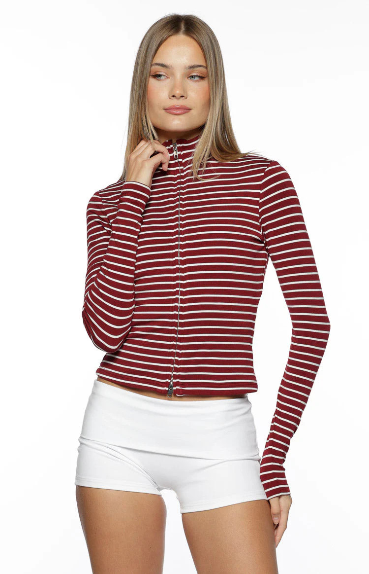 Poppi Burgundy Stripe Double Zip Sweater | Beginning Boutique (US)