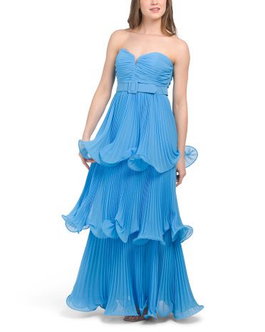 Strapless Pleated Tiered Gown With Belt | TJ Maxx