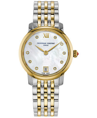 Women's Swiss Slimline Diamond (1/20 ct. t.w.) Two-Tone Stainless Steel Bracelet Watch 30mm | Macy's