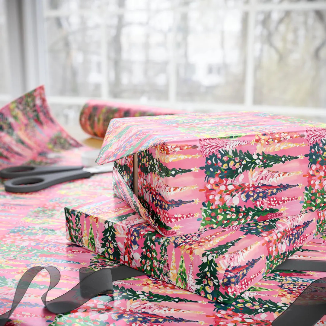 Christmas Wrapping Paper, Preppy Christmas Trees on Pink Wrapping Paper, Christmas Wrap Paper, Pi... | Etsy (US)